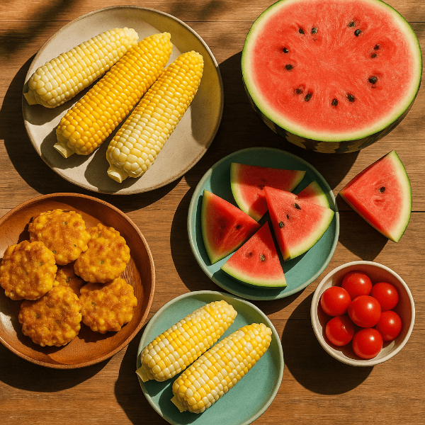 각종 여름철 식재료 모음, 초당옥수수, 수박, 방울토마토와 옥수수로 만든 옥수수전