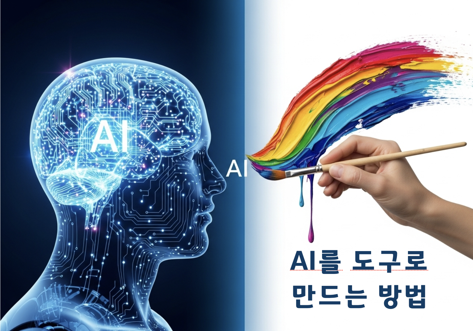 AI의 효율성과 인간의 감성이 조화롭게 표현된 분할 화면 이미지