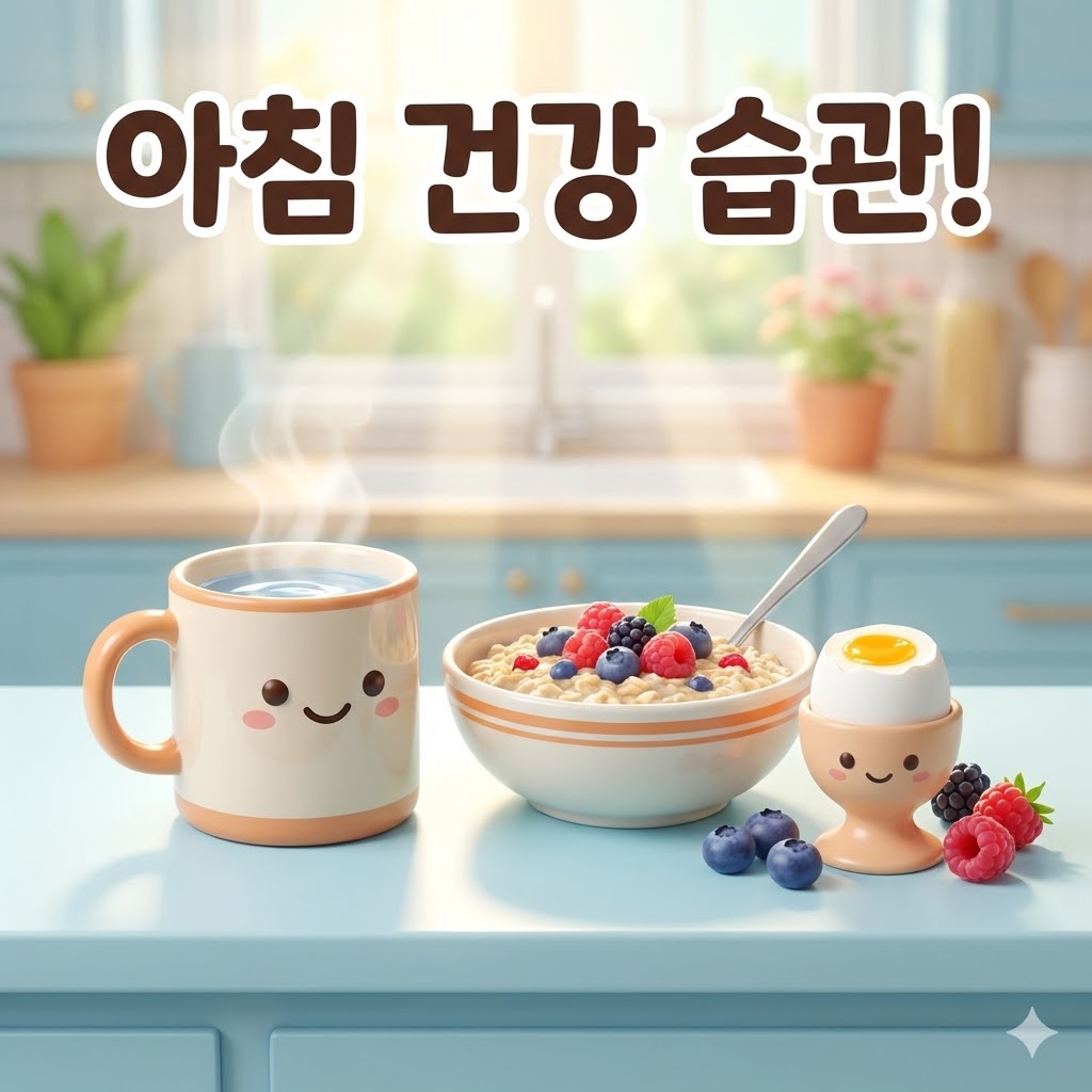 맑고 화창한 아침, 따뜻한 물, 오트밀, 계란, 베리류가 정갈하게 놓인 건강한 공복 식탁. '아침 건강 습관!' 문구가 강조된 이미지.