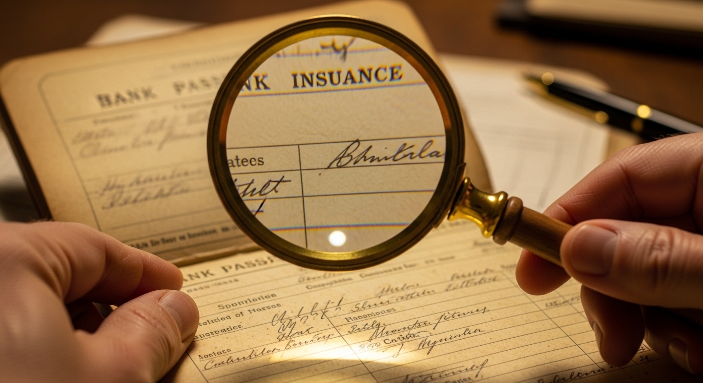 돋보기로 오래된 통장 기록을 살펴보는 듯한 모습