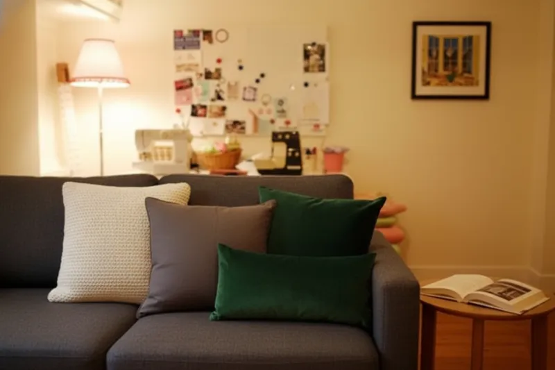 다크 그레이 소파에 아이보리, 차콜, 딥그린 쿠션으로 꾸민 모던한 가을 거실