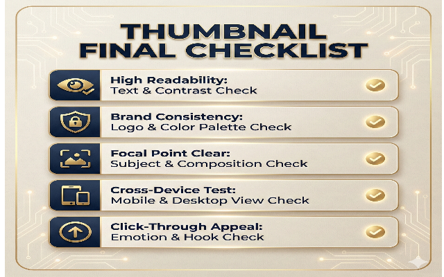 썸네일 발행 전 최종 점검을 위한 체크리스트 이미지 — 텍스트 구성, 대비, 키워드 포함 여부 등을 요약한 고급 디자인