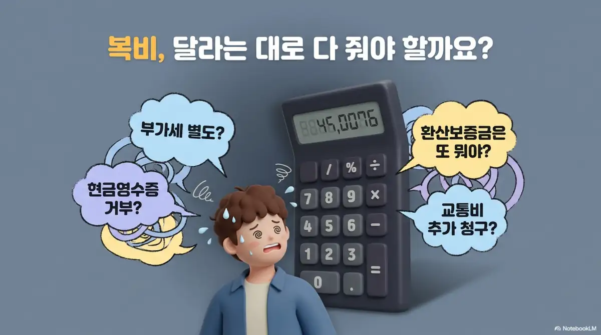 부동산 중개수수료: 복비 부가세 별도 청구 여부&amp;#44; 현금영수증 거부&amp;#44; 환산보증금 계산&amp;#44; 교통비 추가 청구 등 부동산 중개수수료 관련 고민을 말풍선으로 표현한 인포그래픽 이미지. 이 이미지는 부동산 거래 시 소비자가 흔히 겪는 복비 관련 의문점을 시각적으로 전달하며&amp;#44; 블로그의 부동산 중개수수료 계산법과 관련된 내용을 설명함 