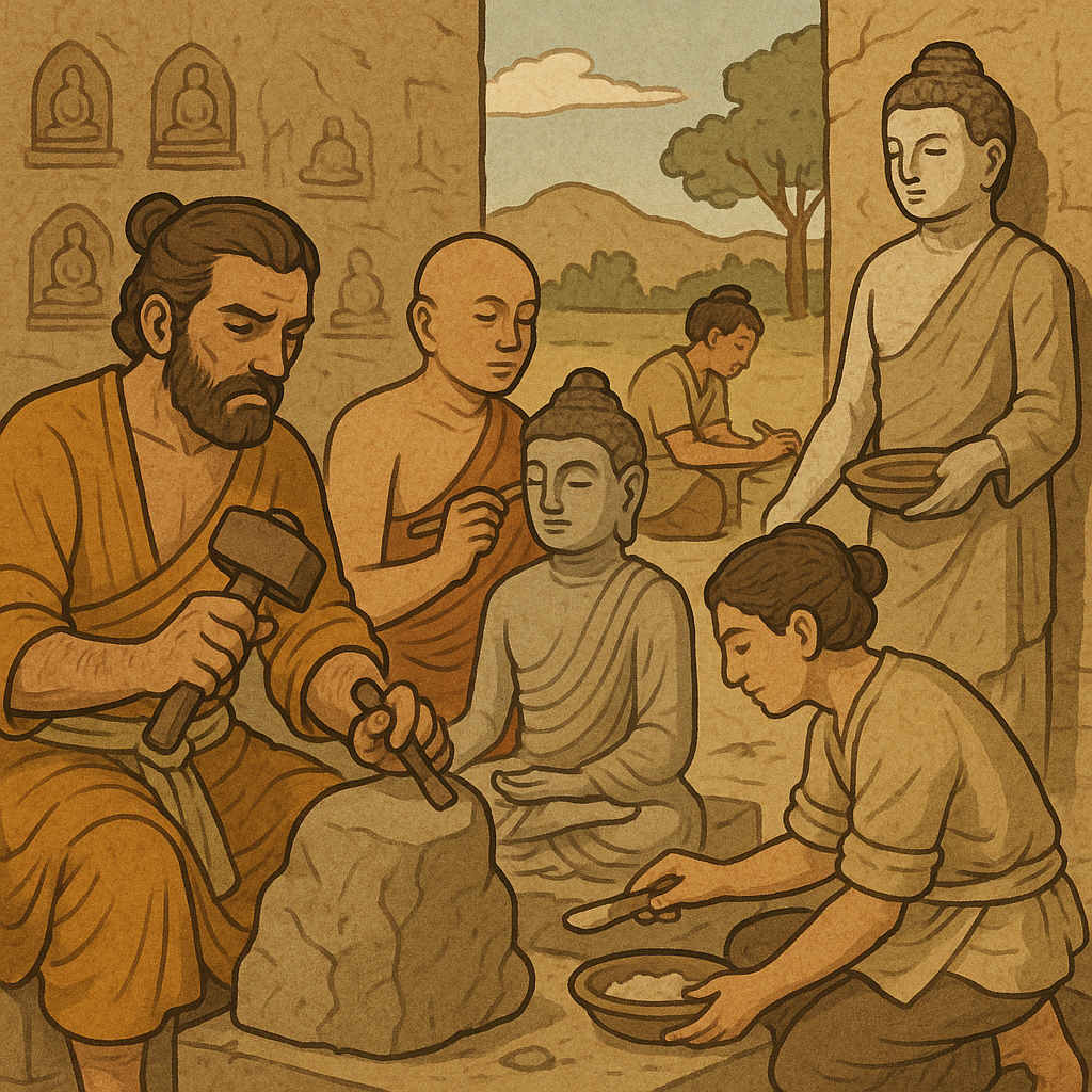 간다라 시대 장인들이 조각, 채색, 석고 작업