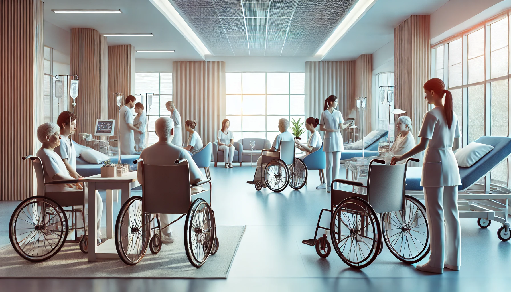 시설이 좋은 병원에서 많은 환자들이 편안하게 지내고 있는 모습의 일러스트