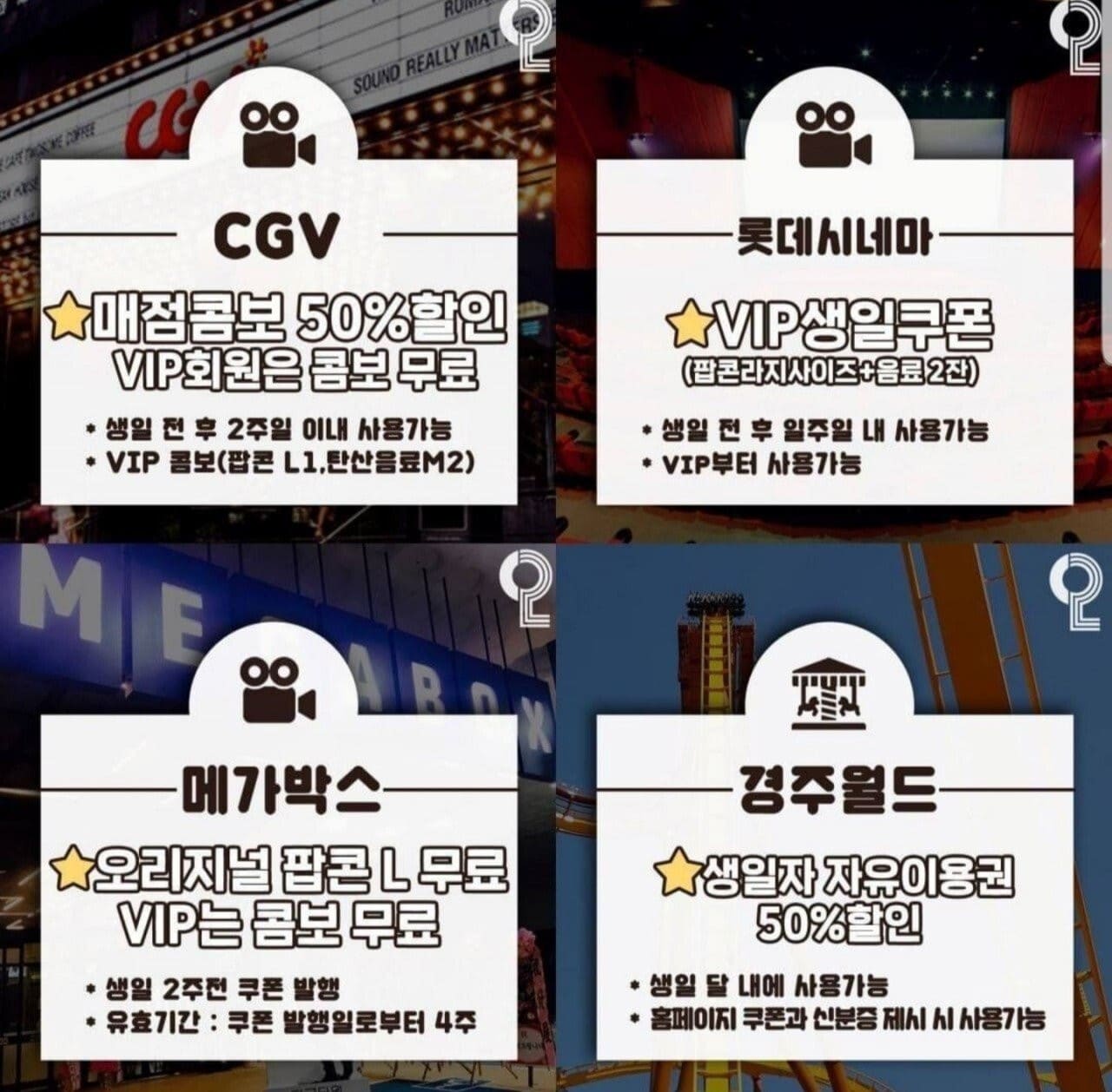 2021 CGV, 롯데시네마, 메가박스, 경주월드 생일 혜택 모음