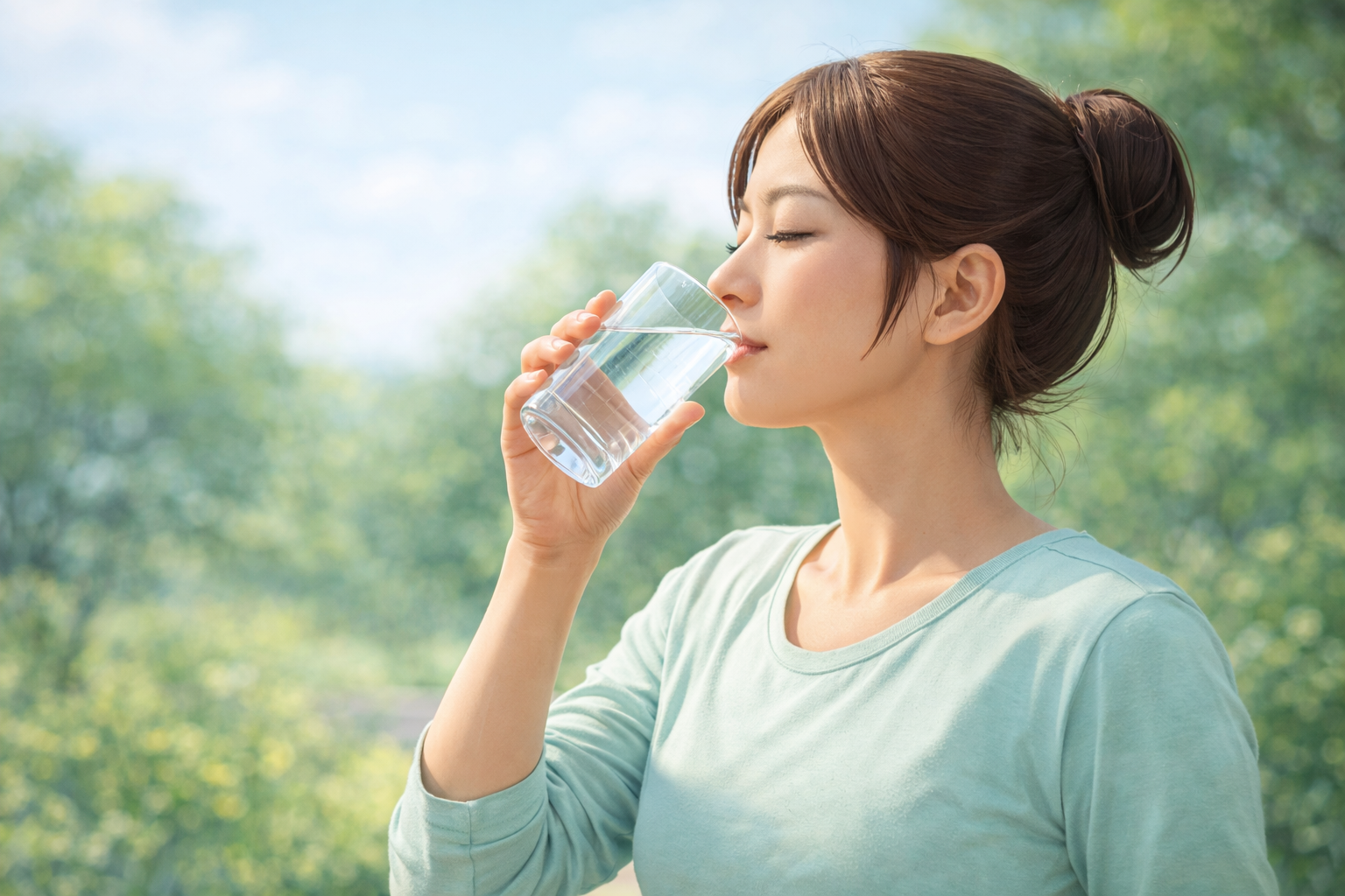 투명한 잔에 깨끗한 물을 담아 마시는 모습
