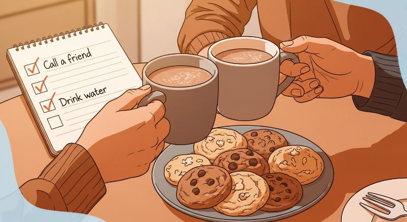 따뜻한 차를 마시며 대화를 나누는 두 사람의 손과 작은 목표가 달성된 체크리스트, 연결과 성취감을 표현