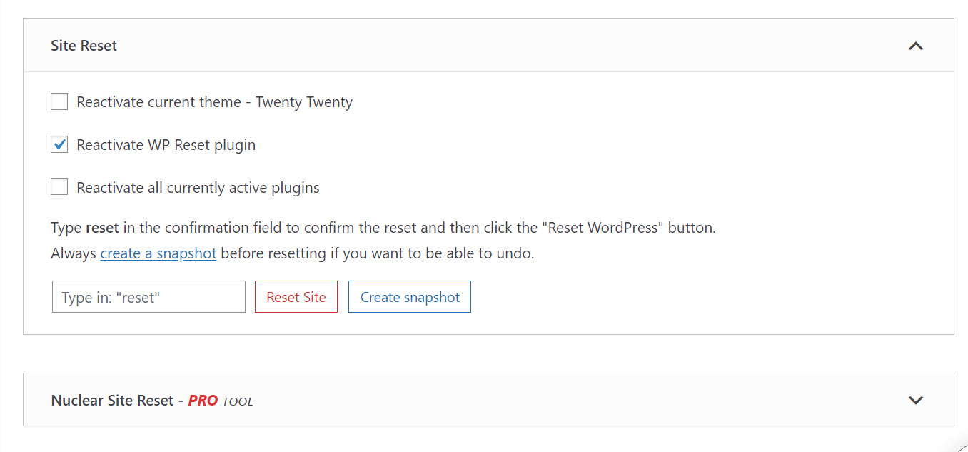 워드프레스 WP Reset 플러그인 설정