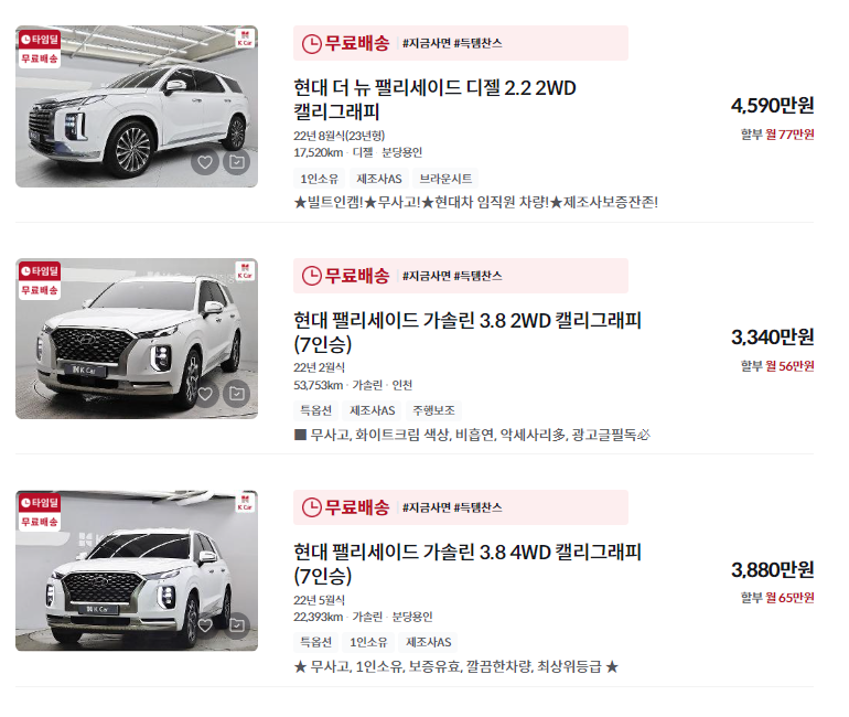 펠리세이드 중고차 가격 시세표 / 24년 상반기