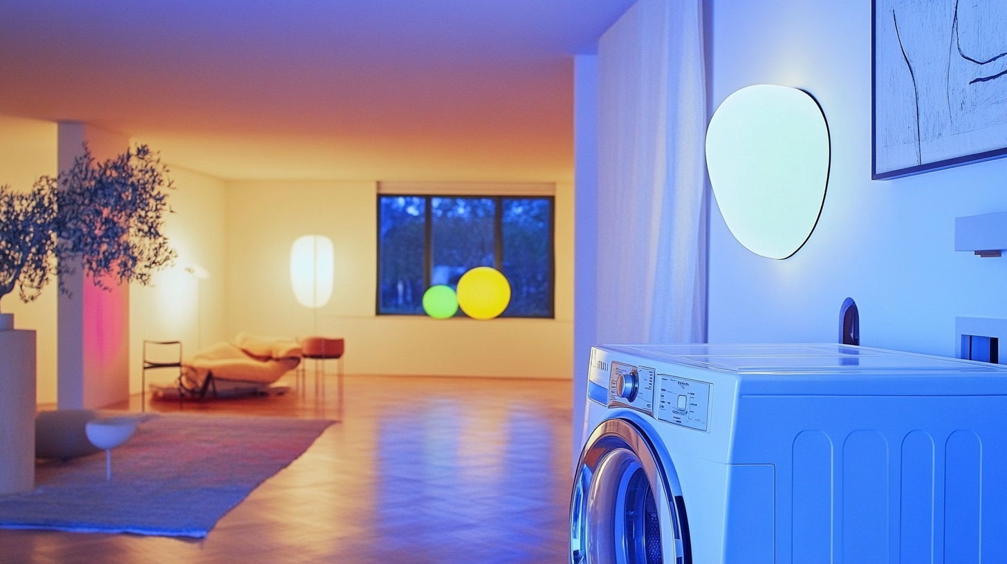 세련된 가정용 인테리어 속에서 잘 어우러진 대형 세탁기, 부드러운 조명이 감도는 아늑한 세탁실