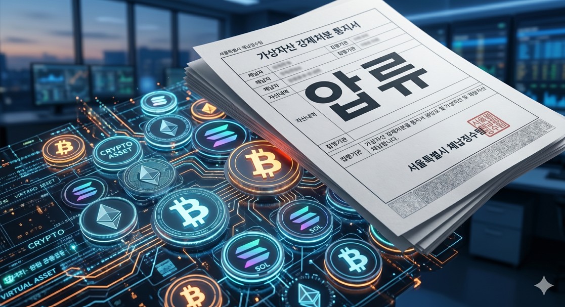 가상자산 아이콘과 압류라는 글자가 적힌 서류가 겹쳐진 입체적인 그래픽