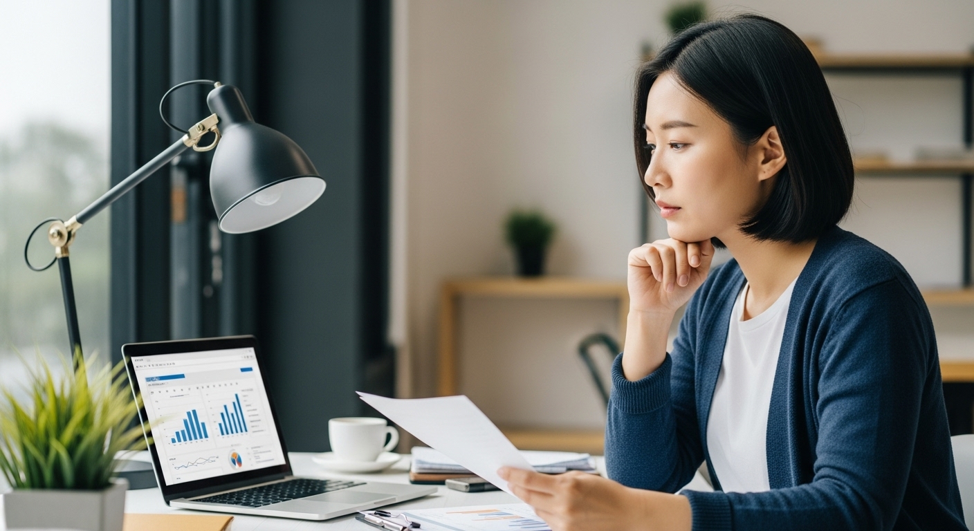 한국인 사업자가 사무실에서 사업 관련 재무 서류를 검토하며 2025년 세법 개정에 대비하는 모습