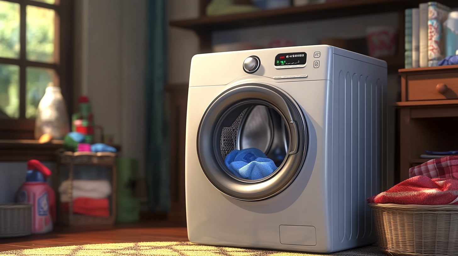 따뜻한 조명 아래, 최소 소음 기술을 이용하여 조용한 환경을 제공하는 삼성 통돌이 세탁기의 아늑한 가정 환경 이미지