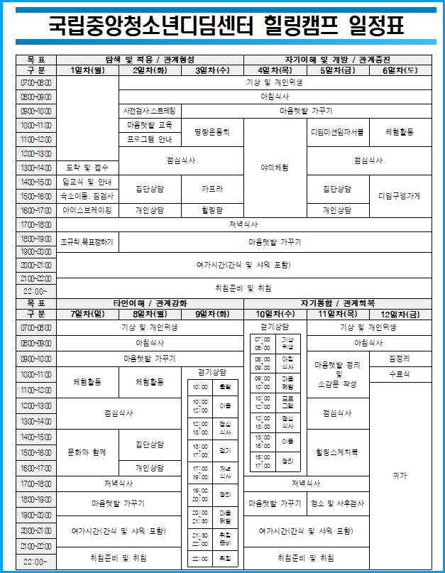 국립중앙청소년디딤센터 힐링캠프 일정 안내