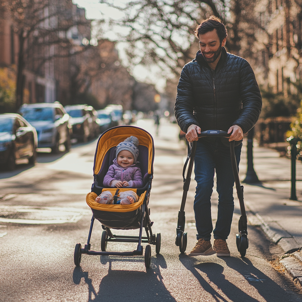 거리에서 유모차를 타고 있는 아기와 아버지 사진