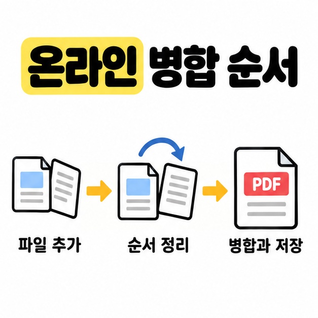 온라인 PDF 병합의 파일 추가, 순서 정리, 병합과 저장 과정을 화살표로 연결한 이미지