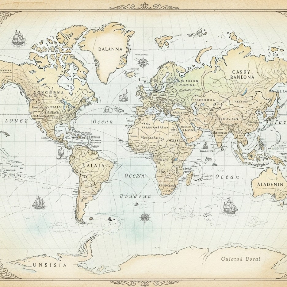 항로가 그려진 고풍스러운 느낌의 세계지도