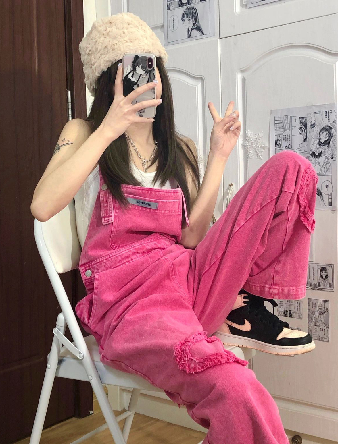 핑크 멜빵바지 워싱 빈티지 와이드 루즈핏 핑크색 S