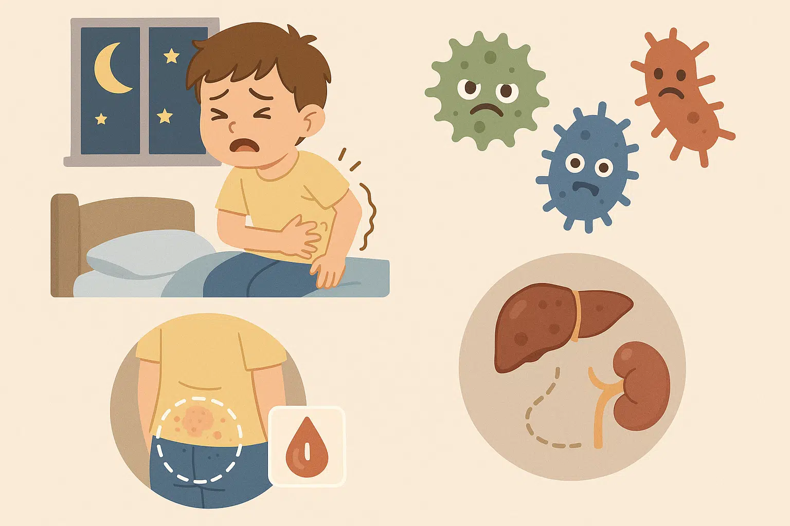 요충 감염으로 밤에 가려워하는 아이, 곰팡이·세균·바이러스 캐릭터 아이콘, 당뇨병 환자에서 피부 방어력이 약해진 모습, 인체 내부 장기(간·신장)와 연결된 아이콘