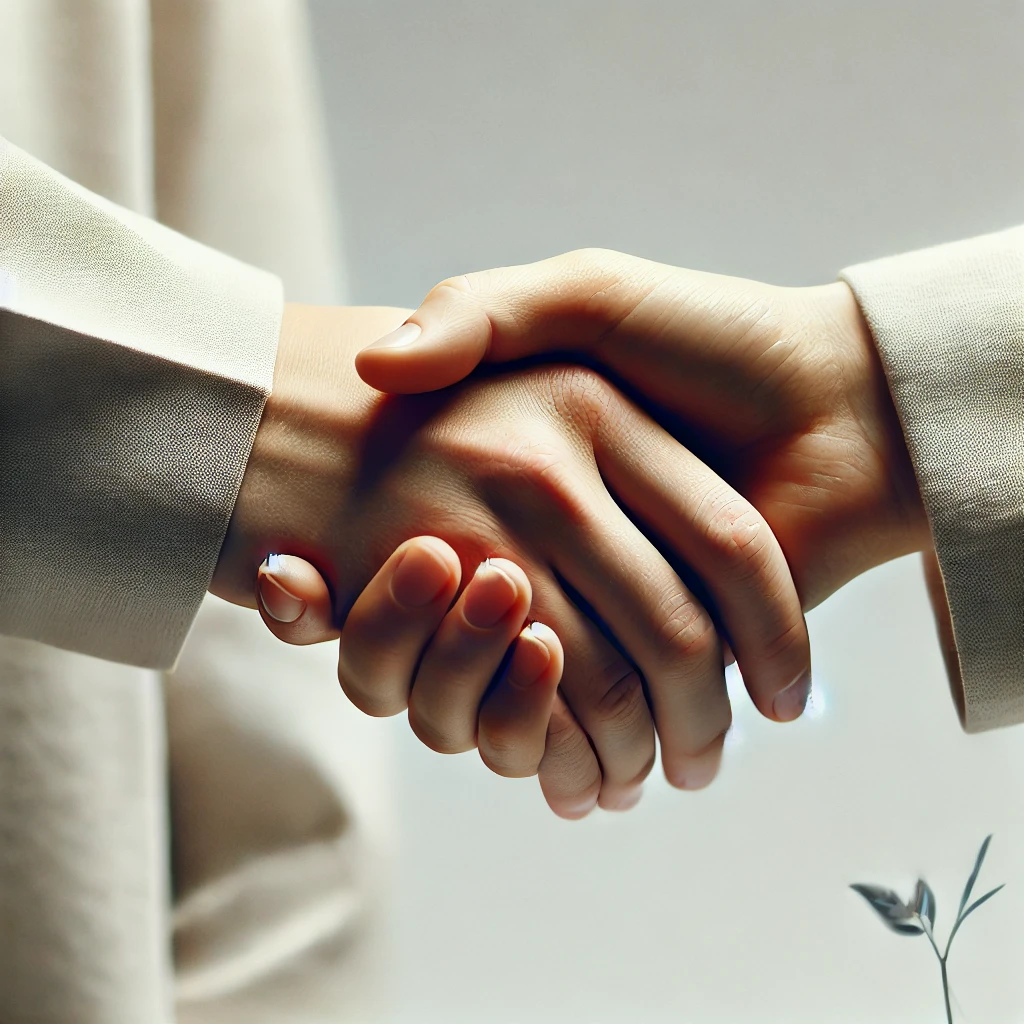 악수하는 두 손 또는 주먹 쥔 손. 유류분 반환 청구 소송을 통해 정당한 권리를 되찾겠다는 의지 표현