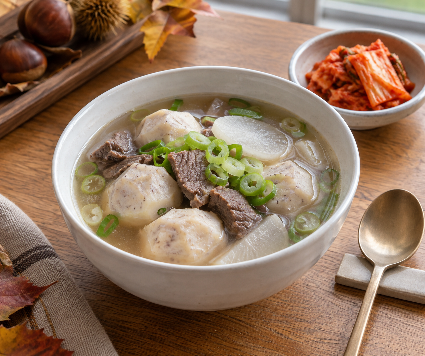 흰 그릇에 담긴 토란국. 맑은 국물에 껍질 벗긴 토란 여러 알, 소고기, 둥글게 썬 무, 송송 썬 대파가 들어 있고 옆에 김치 한 접시와 숟가락이 놓여 있다.