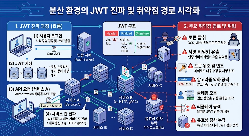 클라이언트 요청과 API Gateway를 경유하여 개별 서비스로 전달되는 토큰의 이동 과정과 보안 취약점 포인트를 시각화한 VISION 2026 브랜딩