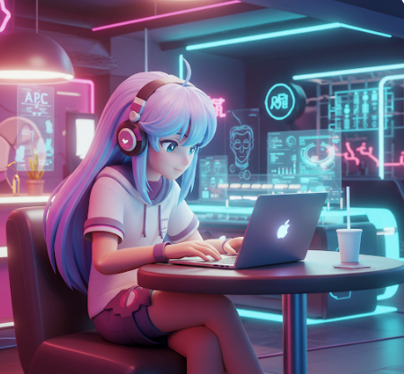 상점에서 노트북으로 일하는 여성의 모습을 표현