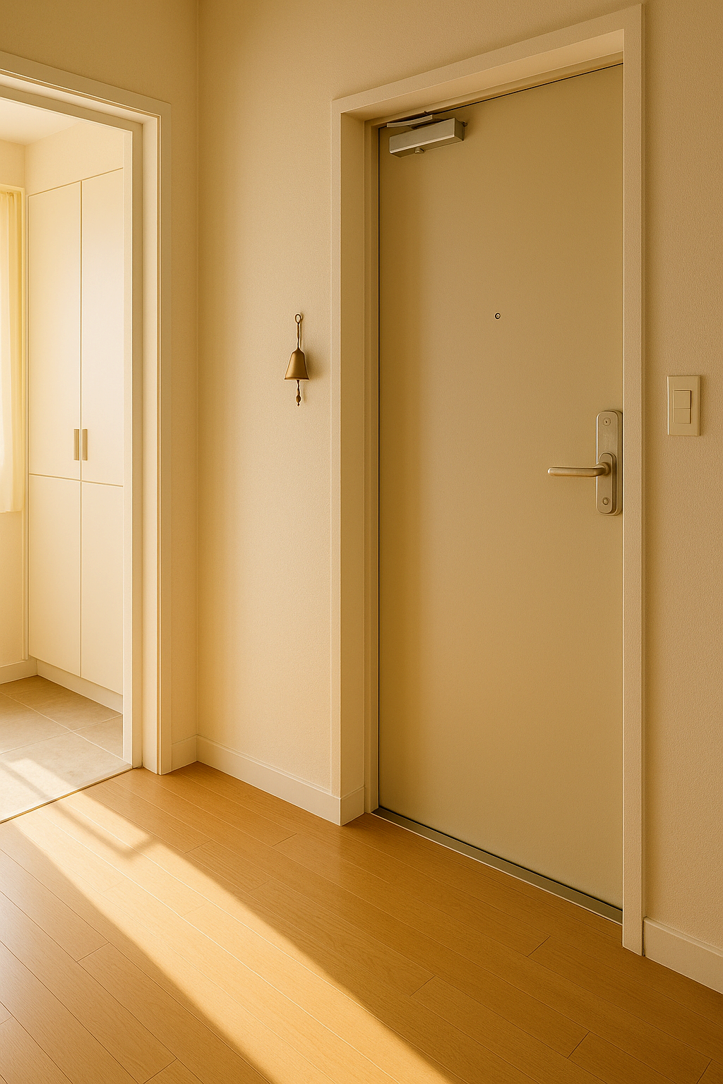 현관문 옆에 걸린 작은 금속 풍경이 햇살을 받는 모습