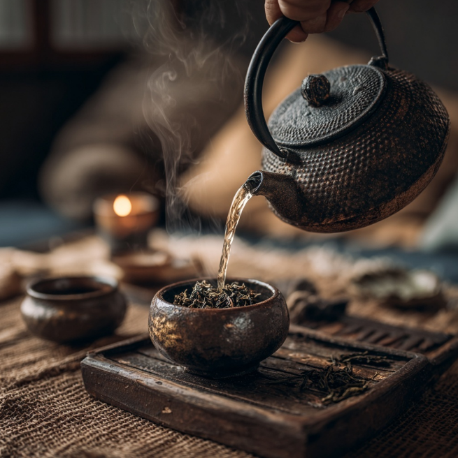 보이차를 주전자로 따르는 모습