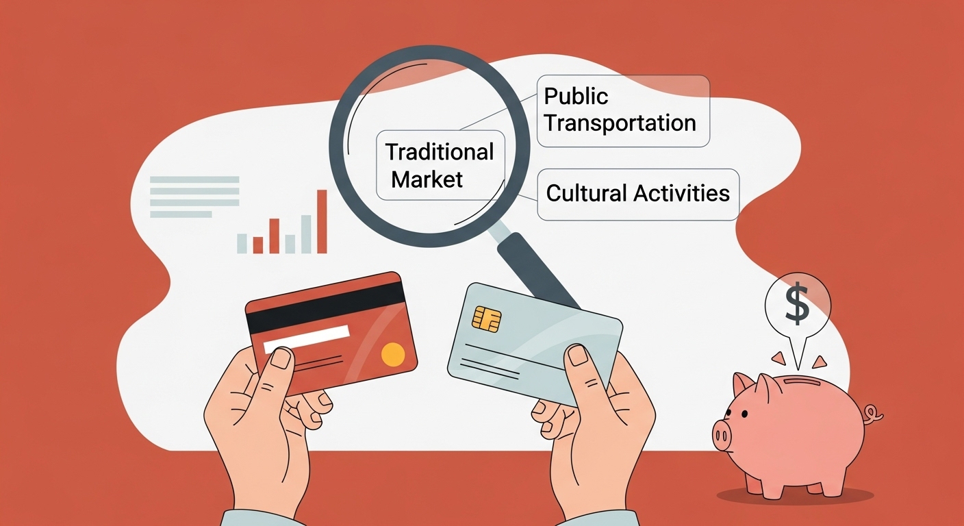 신용카드와 체크카드를 똑똑하게 활용해 대중교통, 전통시장 등에서 소득공제를 받는 모습, 절약된 돈이 저금통에 쌓이는 것을 시각화.