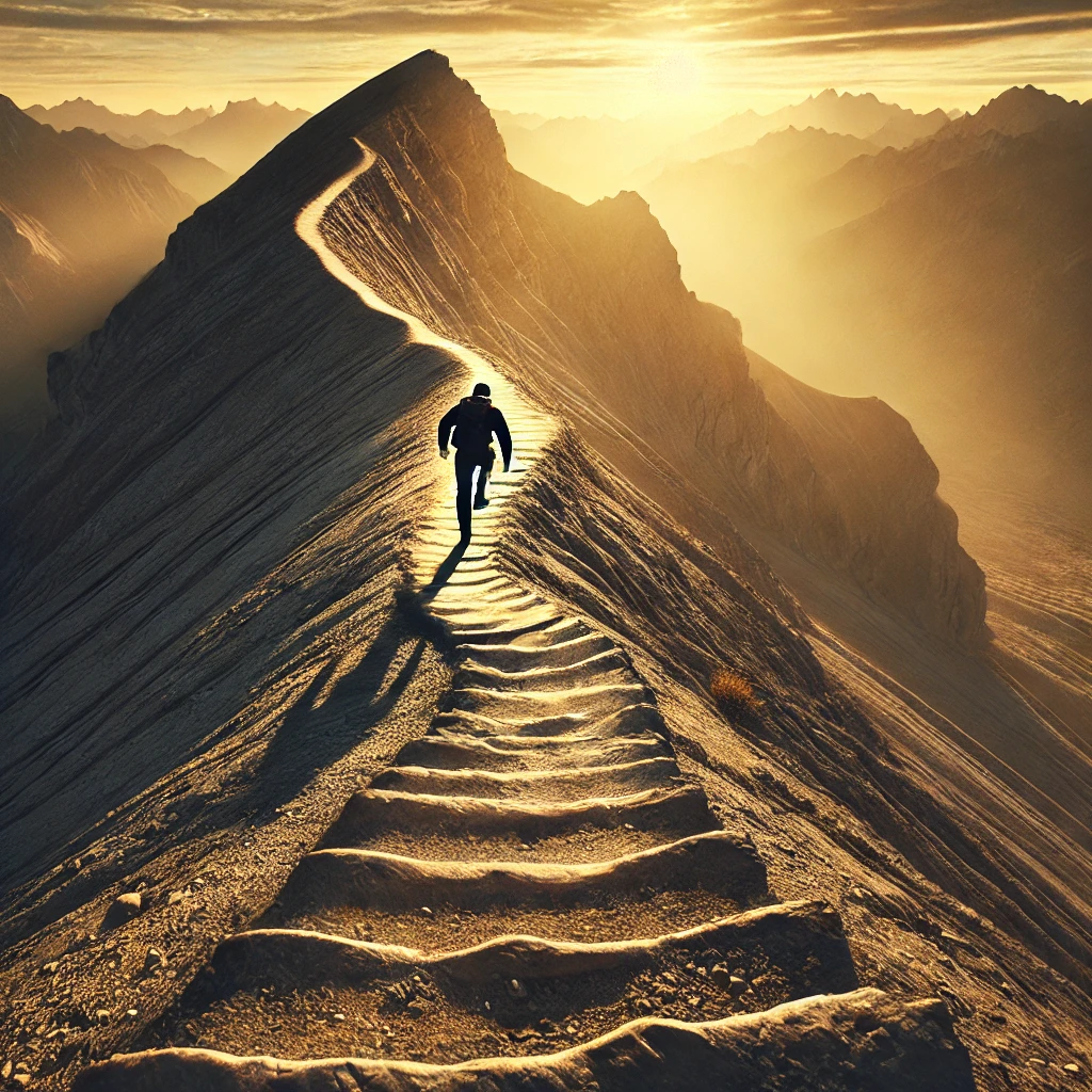 가파른 산길을 오르는 한 사람, 도전과 작은 성취의 시작을 상징하는 이미지