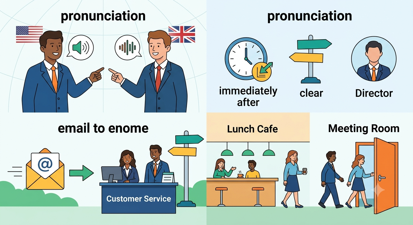 토익(TOEIC) 필수 단어 다이렉트(direct) 실전 활용 이미지. 미국식/영국식 발음 차이 아이콘과 고객 서비스 부서 문의, 점심 후 회의 예문 장면.