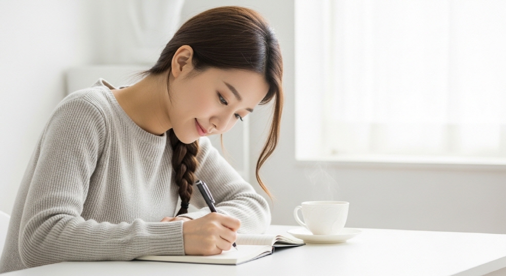 커피를 마시며 일기를 쓰는 여성