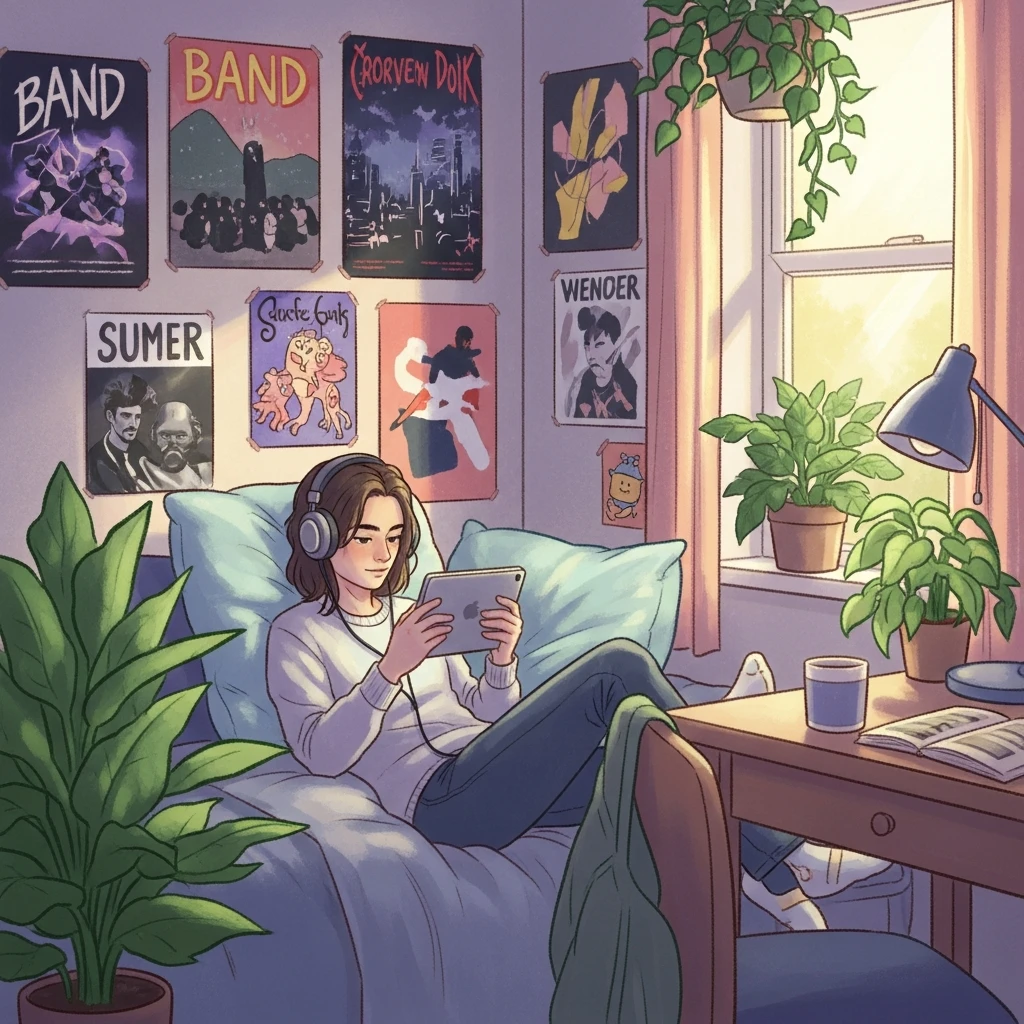 기숙사에서 태블릿으로 영화 감상