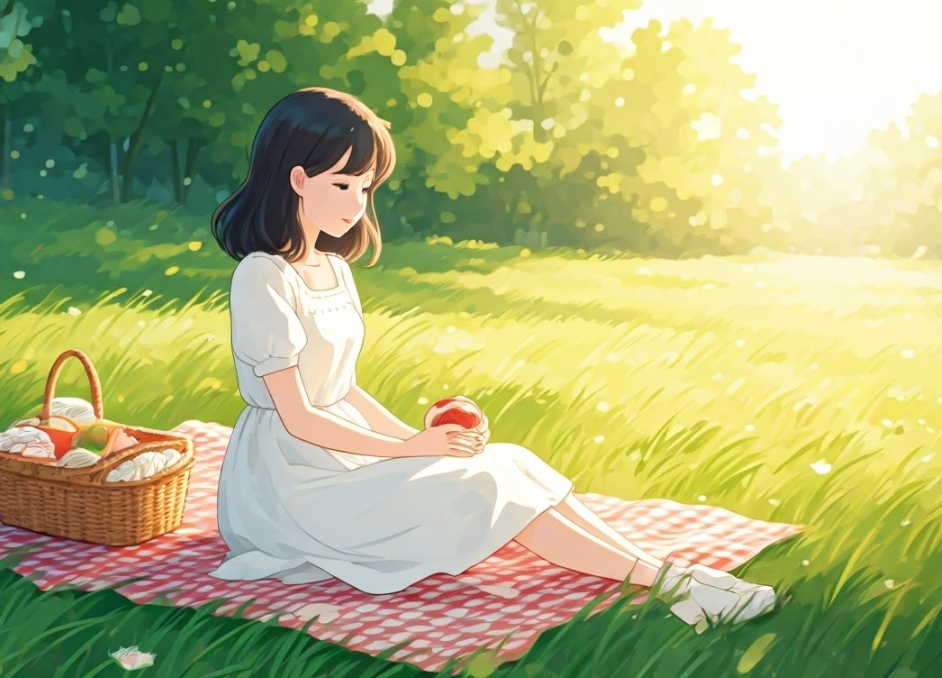 지브리 스타일 이미지, 소풍을 나온 소녀가 풀밭에 앉아 있는 모습