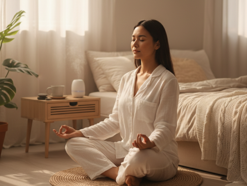 침대 옆에서 명상하는 모습