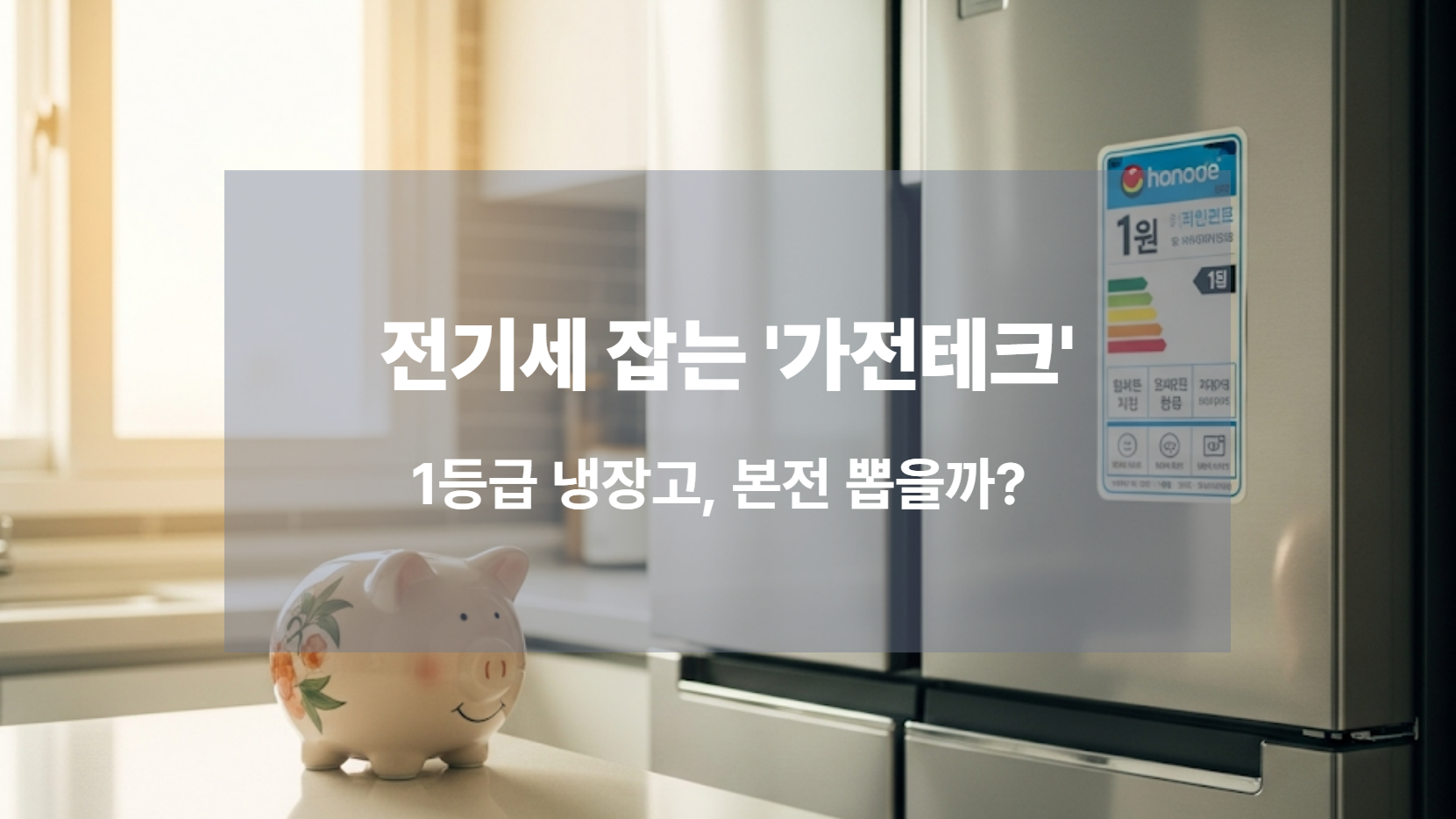 1등급 냉장고의 전기세 절약 효과를 상징하는 돼지 저금통과 최신 냉장고 이미지