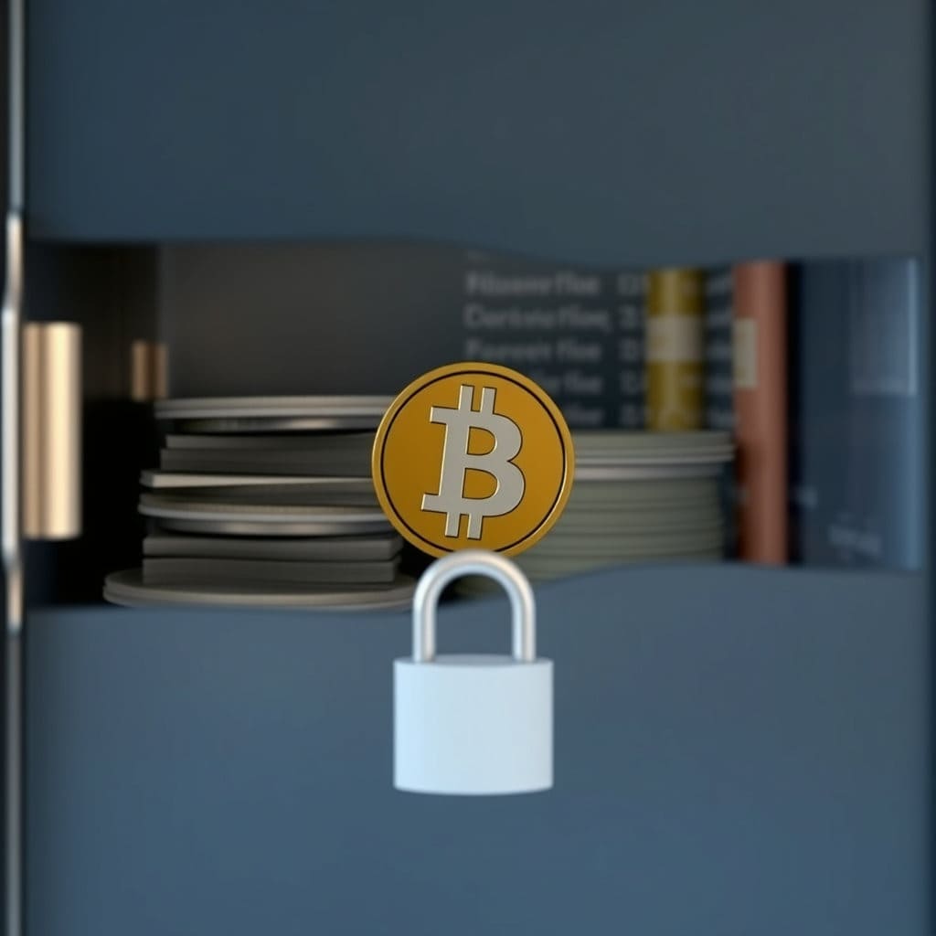 불투명하거나 반투명한 유리 벽, 또는 잠겨 있는 문 뒤에 스테이블 코인의 담보 자산(예: 금고 속 현금 더미나 자산 목록)이 모호하게 보이는 모습을 그립니다. 벽 앞에는 스테이블 코인 아이콘이 있고, 뒤편의 자산 상태를 명확히 알 수 없는 상황을 표현하여 투명성 부족 문제를 시사합니다. 벽에는 자물쇠나 흐릿한 패턴을 추가하여 정보 접근의 어려움을 강조할 수 있습니다.