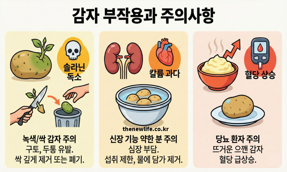 싹이 난 감자의 솔라닌 독소 위험, 신장 기능 저하 시 칼륨 과다 섭취 주의, 당뇨 환자의 으깬 감자 섭취 시 급격한 혈당 상승 등 감자 섭취 시 주의해야 할 3가지 부작용을 정리한 인포그래픽