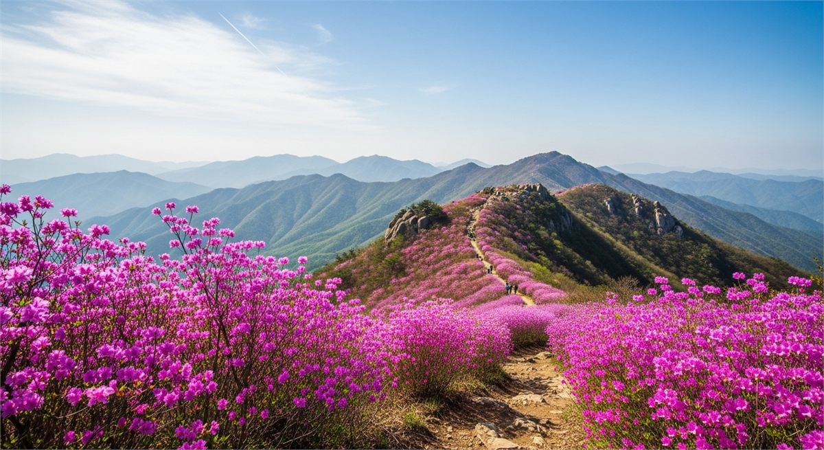 진달래 군락과 등산 코스가 함께 보이는 산 풍경 