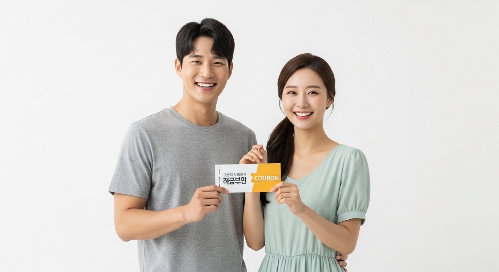 쿠폰 사용 후 미소 짓는 청년 부부