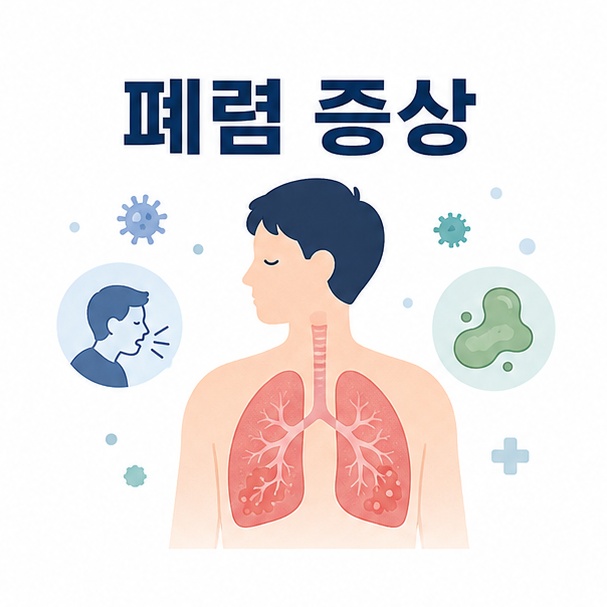 사람의 폐와 기침 아이콘을 이용해 기침과 가래가 나타나는 폐렴 증상을 표현한 이미지