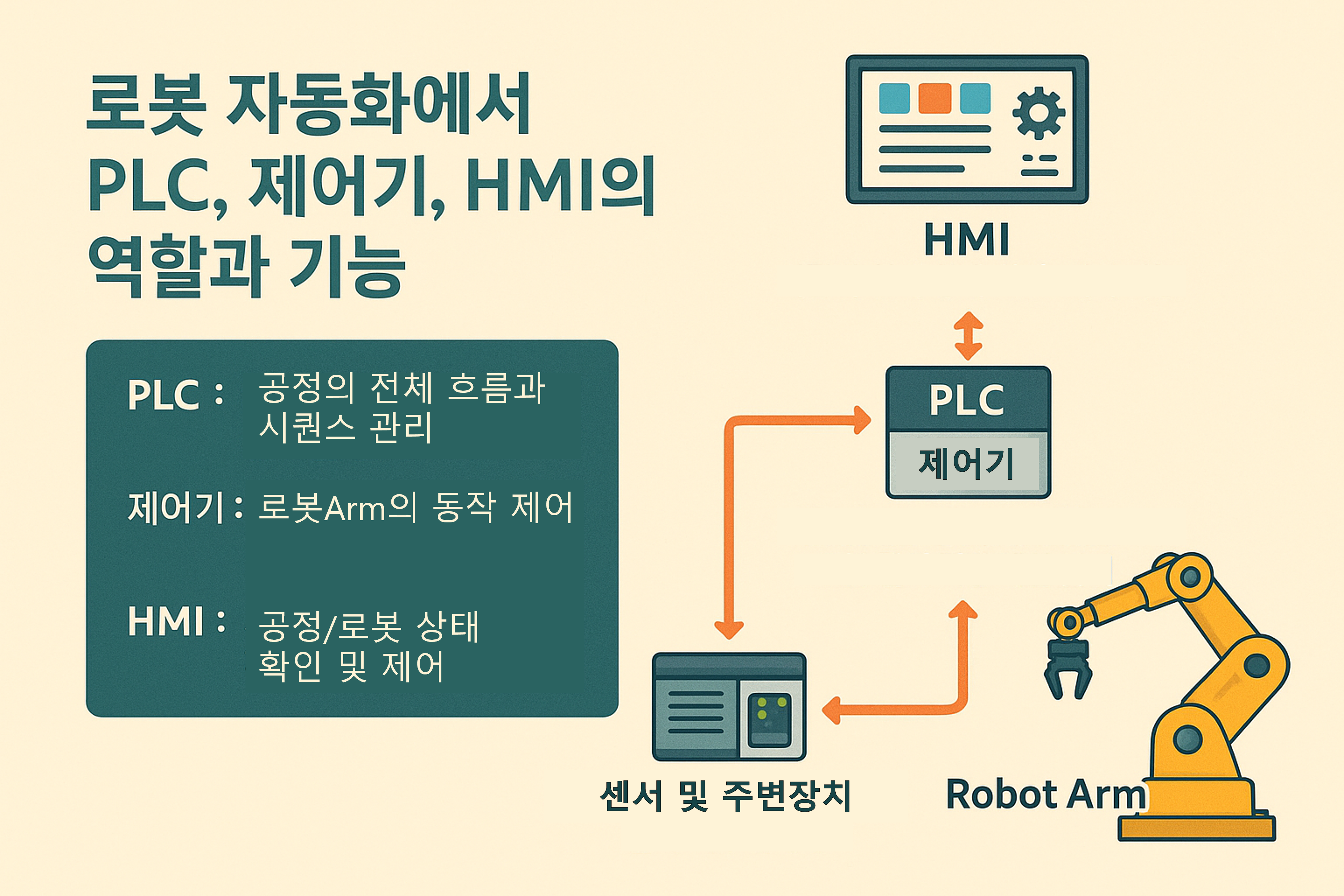 PLC&ndash;제어기&ndash;HMI 구조를 실제 자동화 현장에서 어떻게 데이터가 흐르는지 사용자 시나리오를 통해 설명