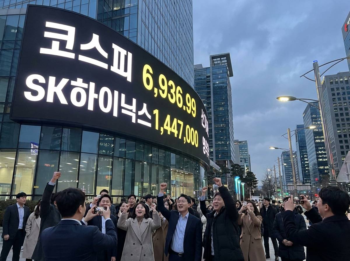 2026년 한국 증시 전광판에 'KOSPI 6,936.99'와 'SK하이닉스 1,447,000'이 선명하게 빛나고 여의도 증권가 사람들이 환호하는 고화질 사진