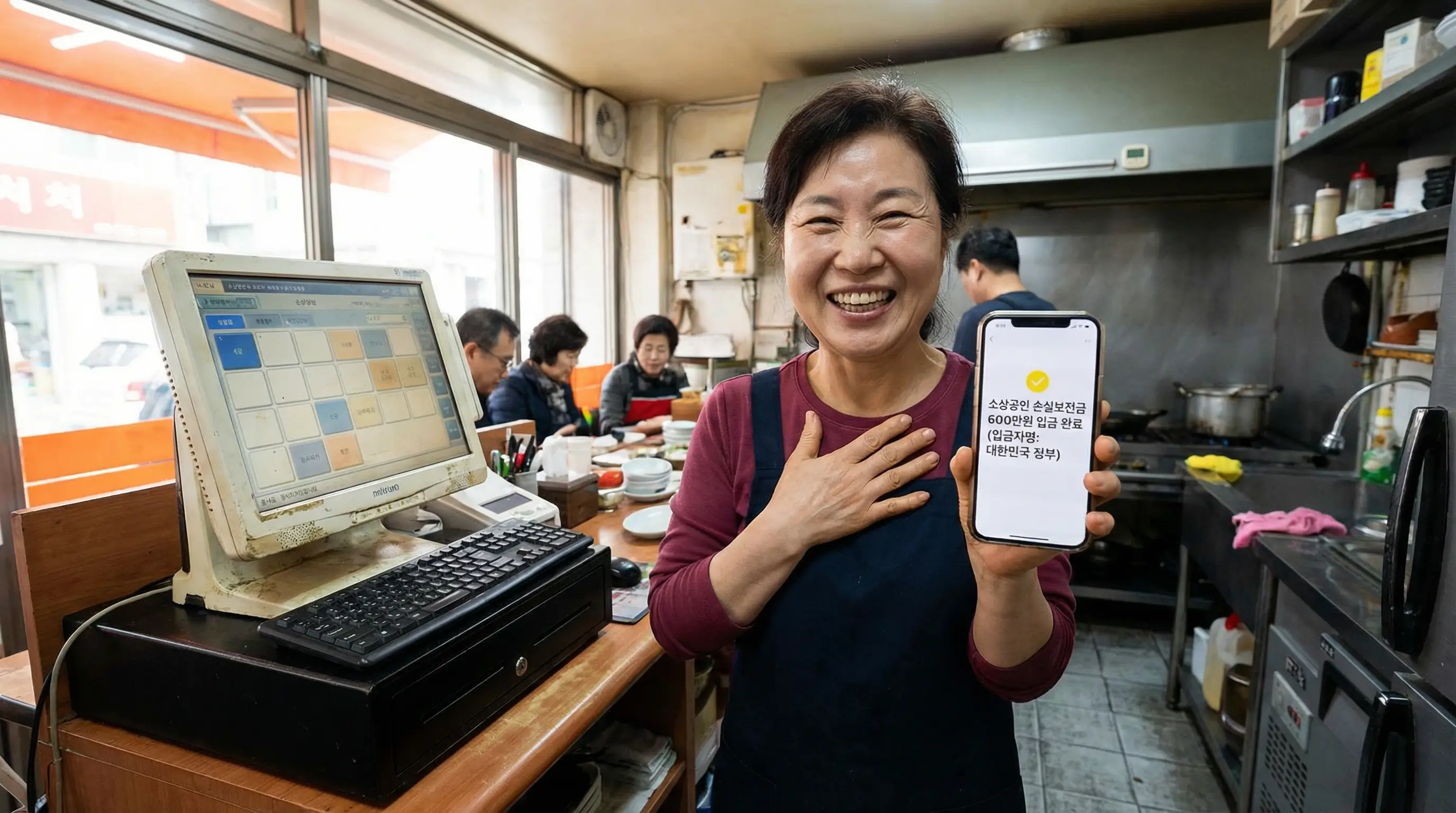 가게 포스기 앞에서 스마트폰으로 소상공인 지원금 입금 알림을 확인하고 활짝 웃는 사장님