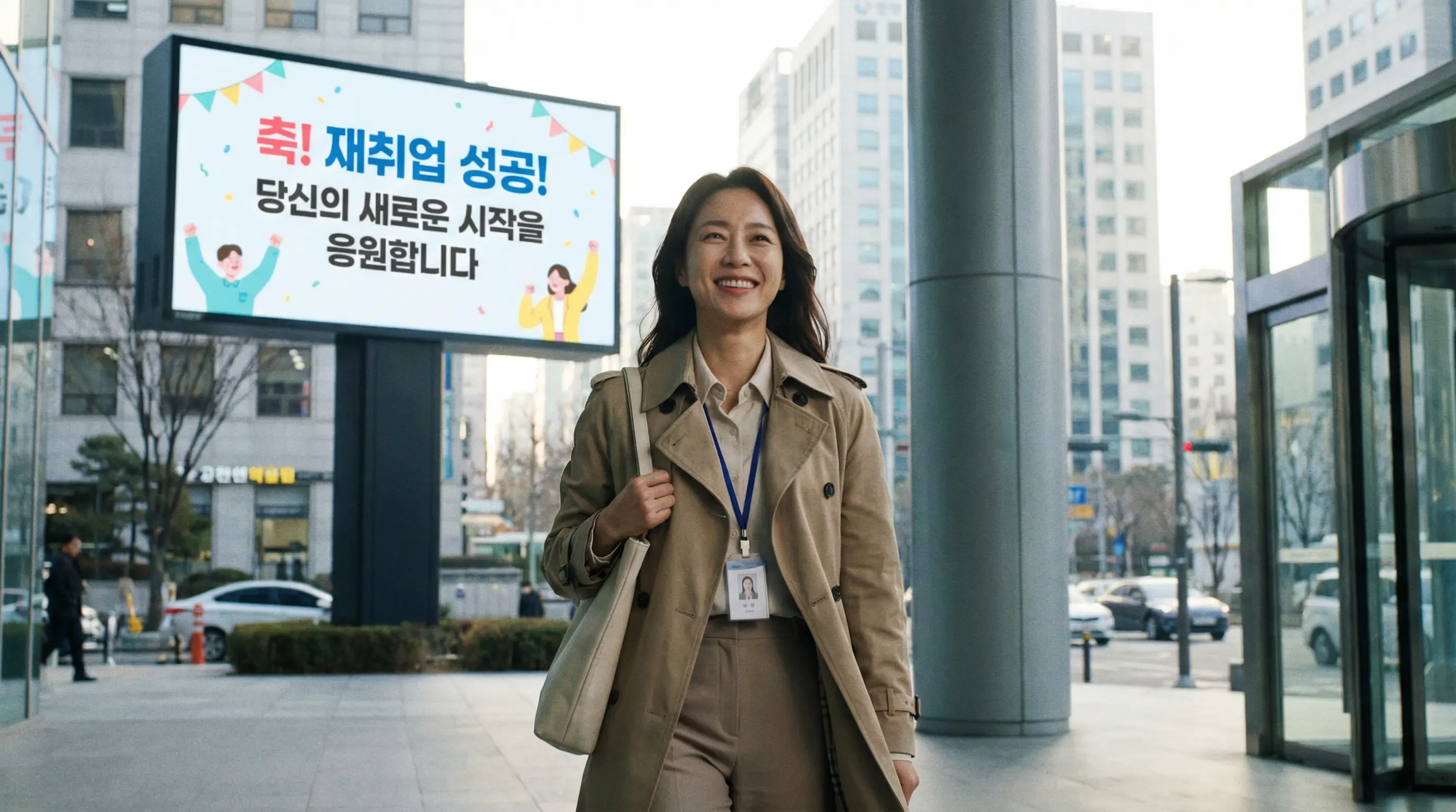 취업에 성공하여 밝은 미소로 출근하는 여성의 모습, 배경에는 성공적인 재취업을 응원하는 메시지
