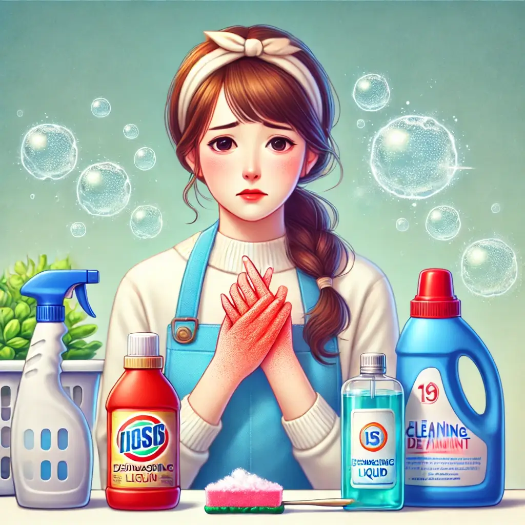 세탁세제, 주방세제, 청소용 스프레이, 락스와 알레르기 반응으로 인해 손이 붉어진 여성의 모습