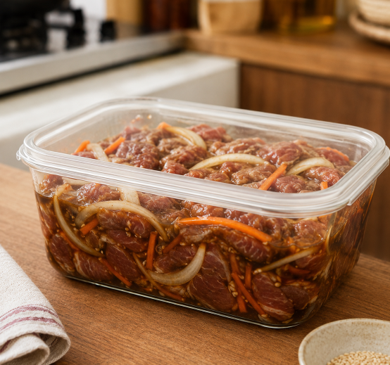 밀폐 용기에 정갈하게 담긴 간장 불고기가 조리 전 맛이 깊어지도록 차분하게 숙성되는 든든한 모습