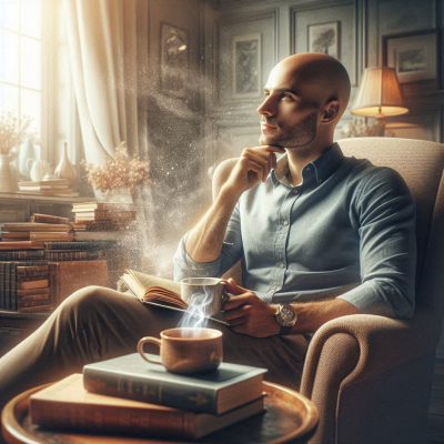 "책 더미 속에서 사색하는 남성"